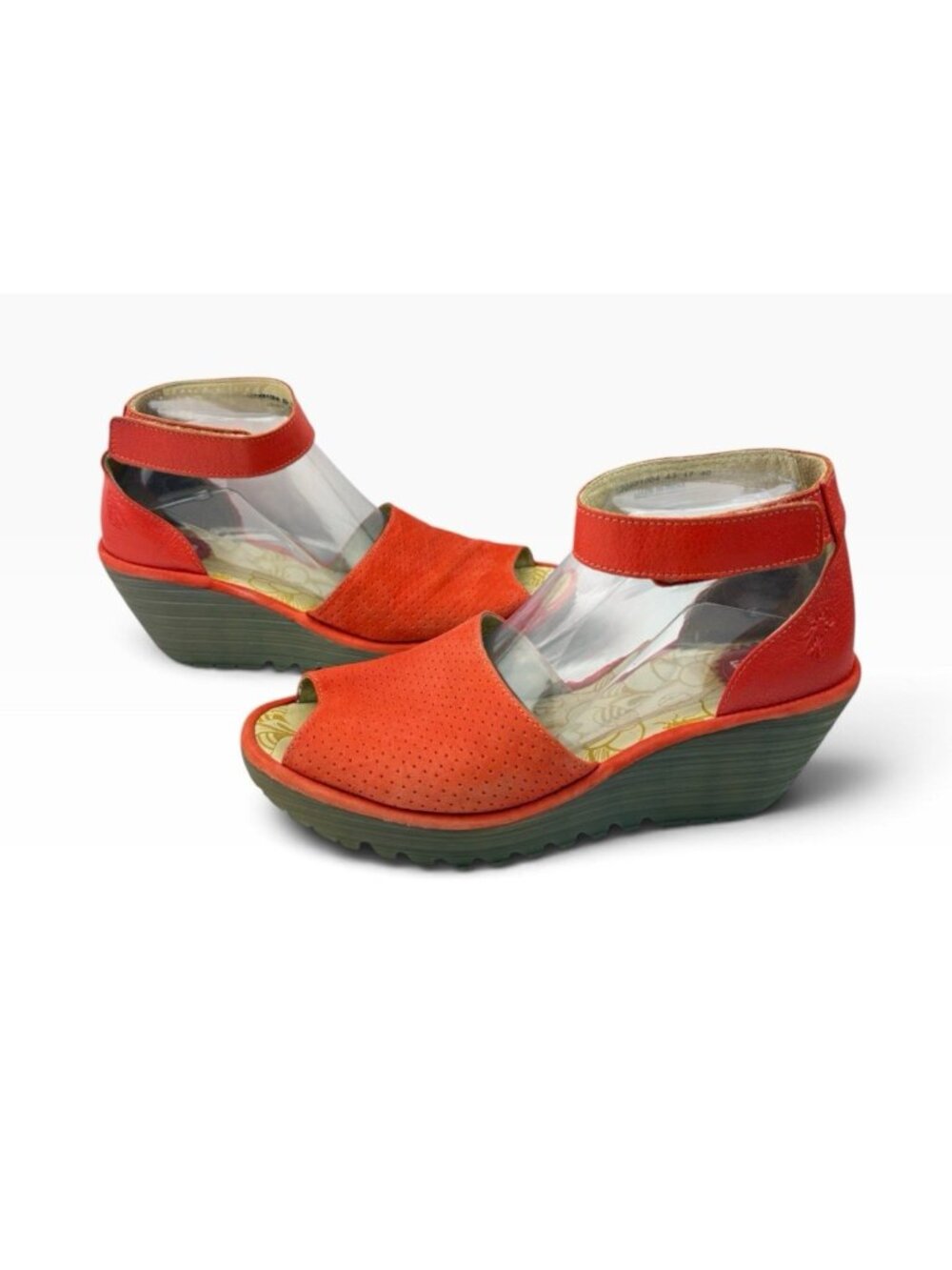 -Fly London Wedge Comfort Shoes Womens Sz 40 Orange Leather Ankle Strap Peep Toe